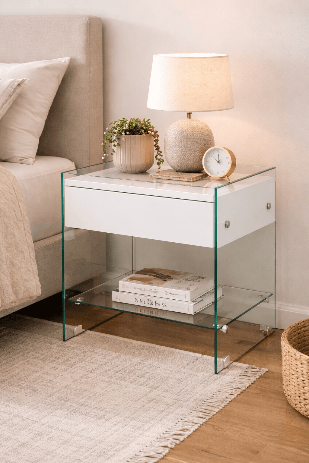 Mesa auxiliar Darling cristal templado y cajón blanco 3