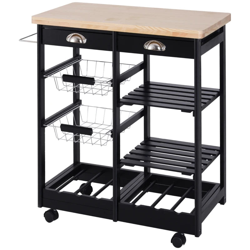 Carrito auxiliar de cocina con ruedas, cajones, cestas y tablero de madera