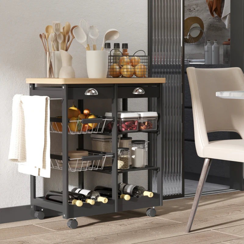 Carrito auxiliar de cocina con ruedas con cajones y cestas — negro y madera