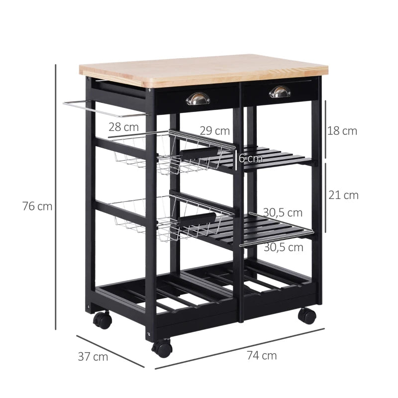 Carrito auxiliar de cocina con ruedas con cajones y cestas — negro y madera