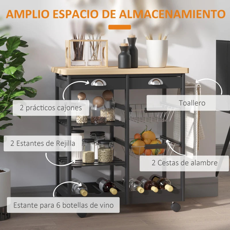 Carrito auxiliar de cocina con ruedas con cajones y cestas — negro y madera