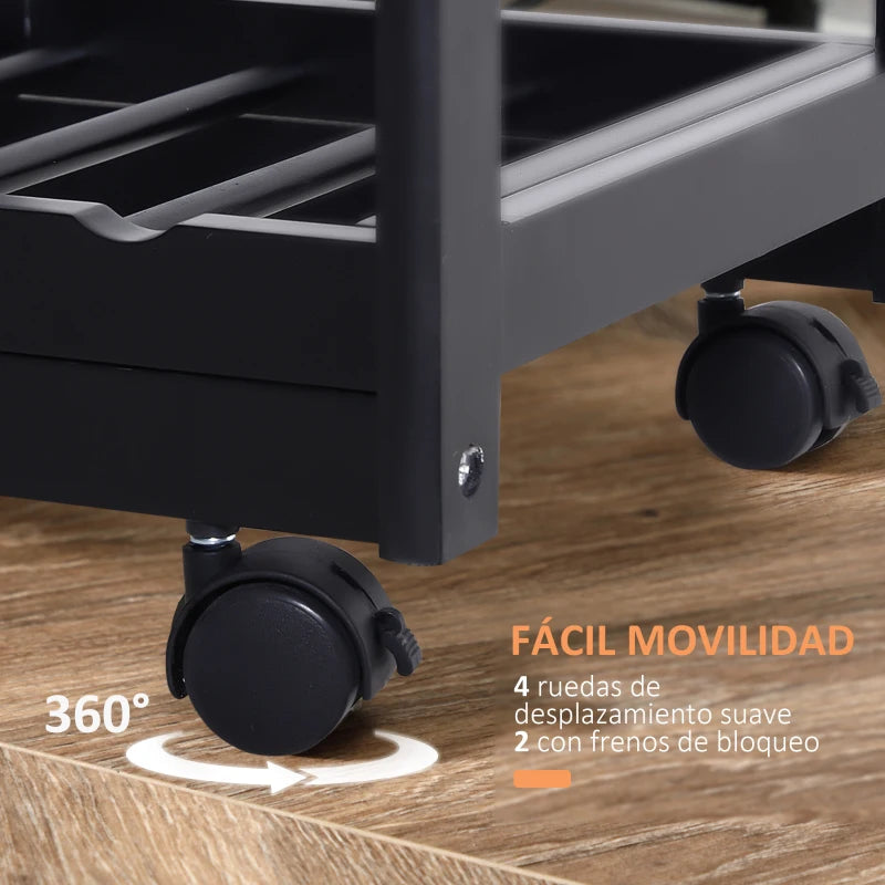 Carrito auxiliar de cocina con ruedas con cajones y cestas — negro y madera