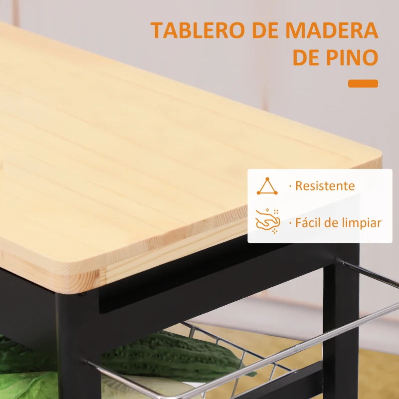 Carrito auxiliar de cocina con ruedas con cajones y cestas — negro y madera