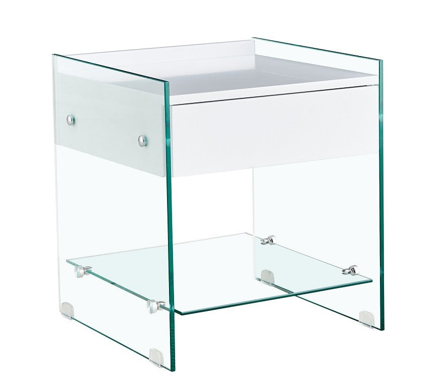 Mesa auxiliar Darling con cristal templado y cajón blanco